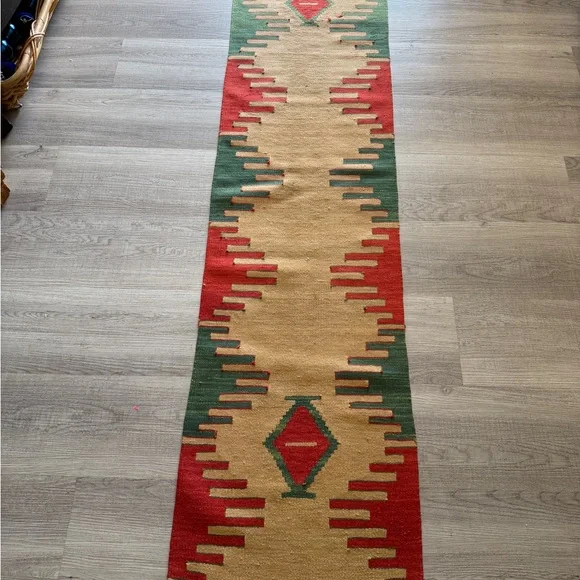 Turkish kilim rug runner Tan Red Green 100% Wool Excellent Condition - Picture 6 of 9